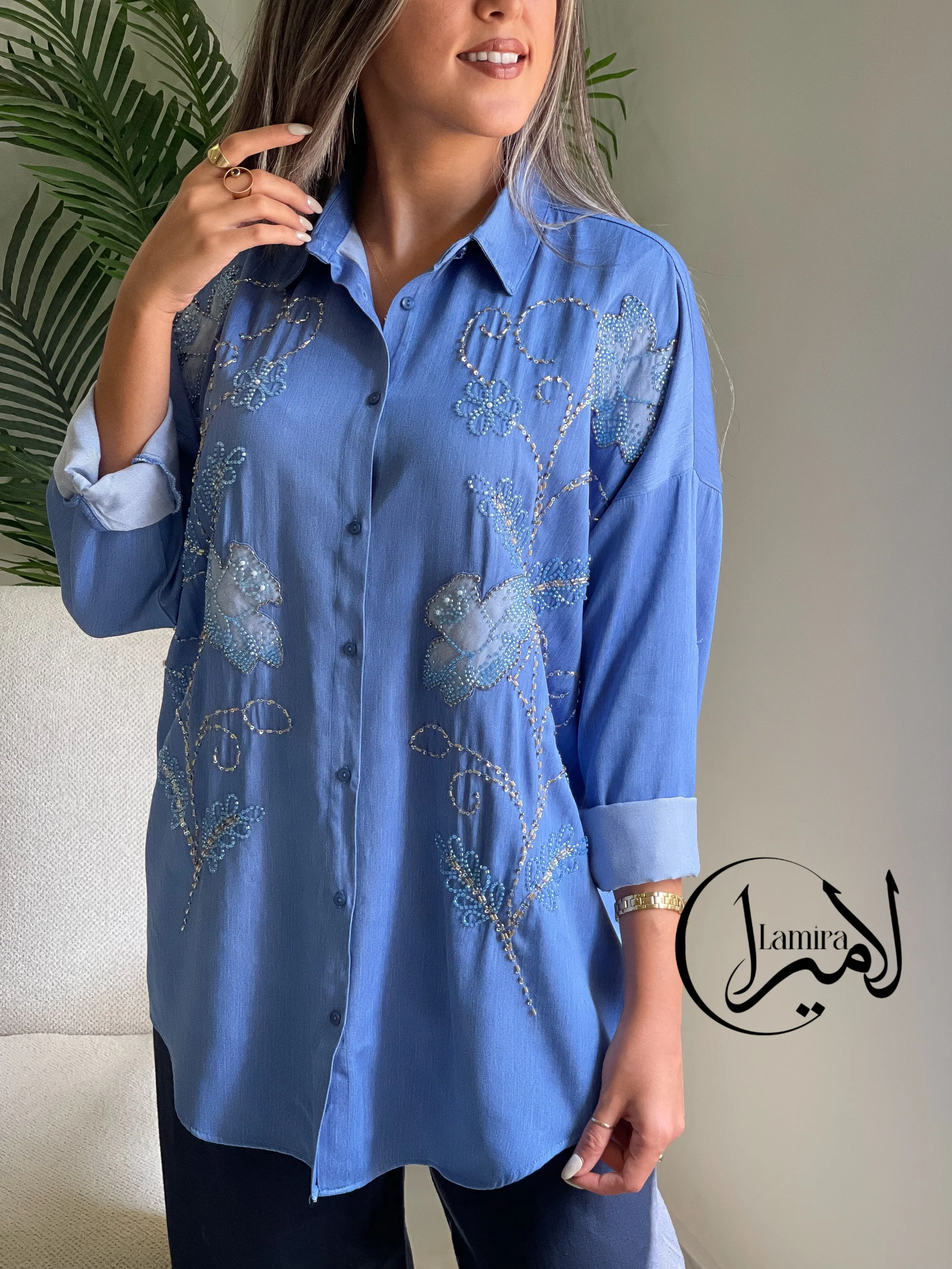 شومیز مانتویی جین کاغذی مجلسی اورجینال ترک طرح گل شیپوری